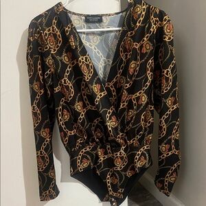 Zara Women's Black Bodysuit with Gold Chain Design
